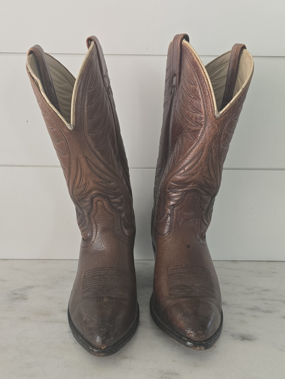 ACME Brown Leather Western Cowboy Boots with Cream Interior Trim